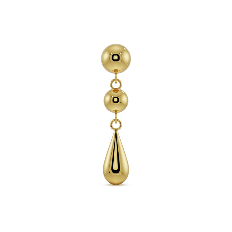 14k yellow gold dew drop flat back labret with dual dome spheres and teardrop dangle, front view