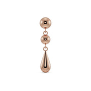 14k rose gold dew drop flat back labret with polished dual sphere and teardrop dangle, front view