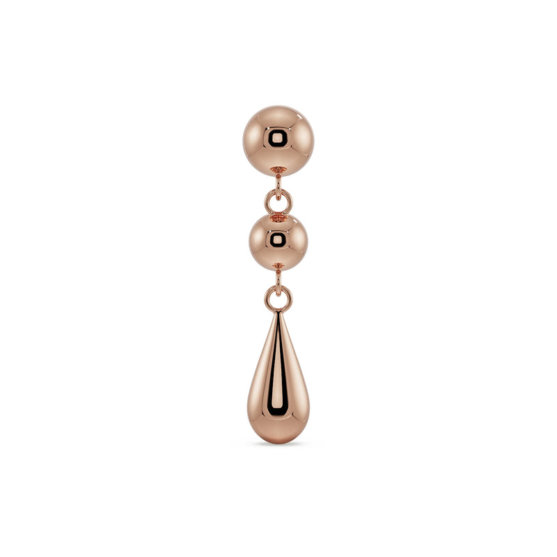 14k rose gold dew drop flat back labret with polished dual sphere and teardrop dangle, front view