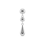 14k white gold dew drop flat back labret with polished dual sphere and teardrop dangle, front view