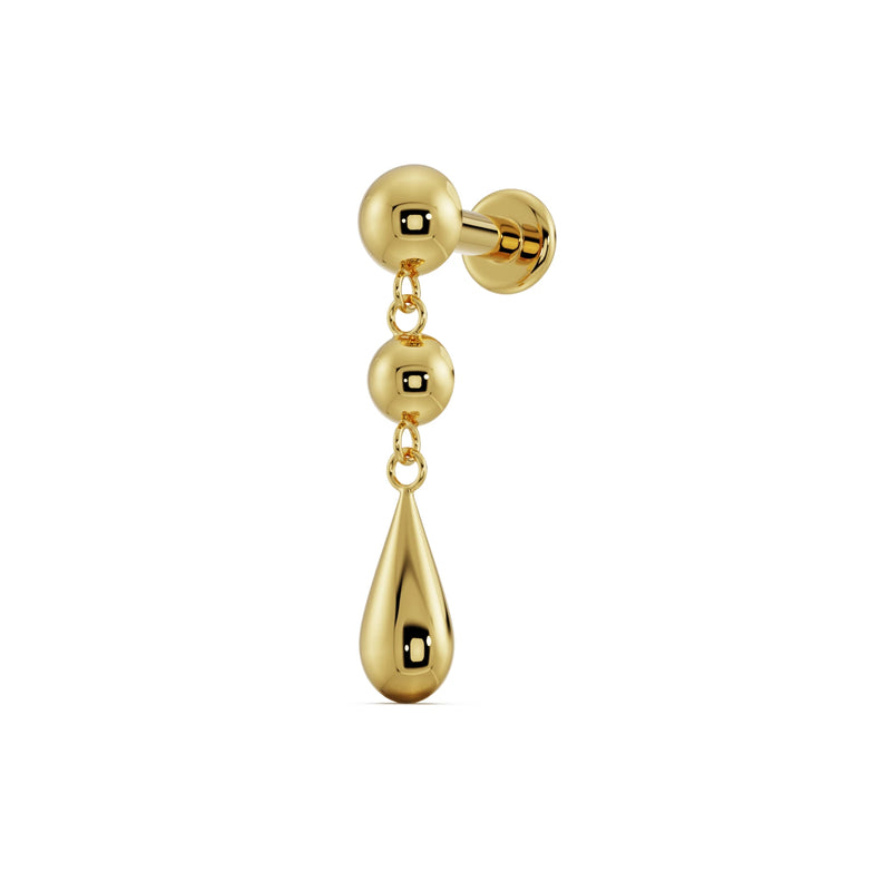 Side profile of 14k yellow gold dew drop flat back labret showing flat disc backing and post depth