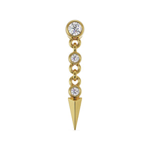 14k yellow gold spike drop flat back stud with bezel-set diamonds and chain link drop, front view