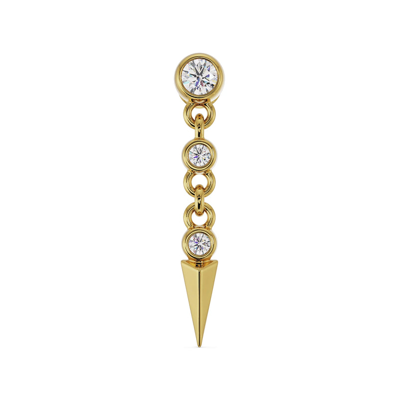14k yellow gold spike drop flat back stud with bezel-set diamonds and chain link drop, front view