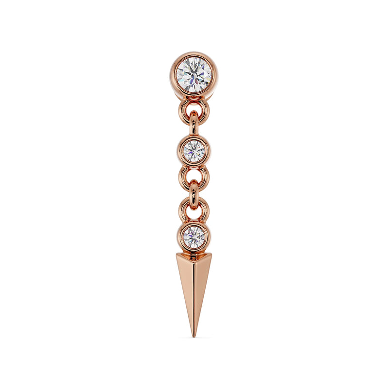 14k rose gold diamond spike drop flat back stud with chain link design and pointed spike, front view