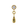 14K yellow gold dew drop flat back labret with CZ bezel stud and polished teardrop dangle, front view