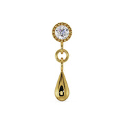 14K yellow gold dew drop flat back labret with CZ bezel stud and polished teardrop dangle, front view
