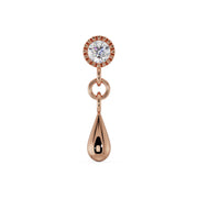 14K rose gold dew drop flat back labret with round CZ beaded bezel setting and rose gold teardrop dangle