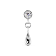 14K white gold dew drop flat back labret with round CZ in beaded bezel and polished teardrop dangle, front view