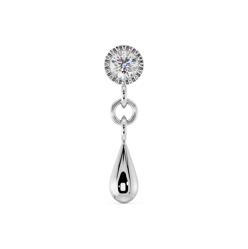 14K white gold dew drop flat back labret with round CZ in beaded bezel and polished teardrop dangle, front view