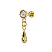 Side profile of 14K yellow gold dew drop labret showing flat back post, beaded bezel CZ, and chain-linked teardrop