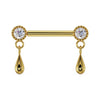 14k yellow gold dew drop nipple barbell with CZ milgrain settings and polished teardrop dangles