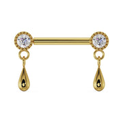 14k yellow gold dew drop nipple barbell with CZ milgrain settings and polished teardrop dangles