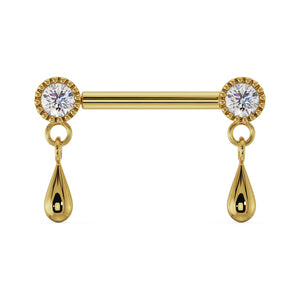 14k yellow gold dew drop nipple barbell with CZ milgrain settings and polished teardrop dangles