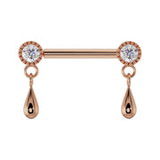 14k rose gold dew drop nipple barbell with CZ milgrain settings and warm-toned polished teardrop dangles