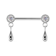 14k white gold dew drop nipple barbell with CZ milgrain end settings and polished teardrop dangles