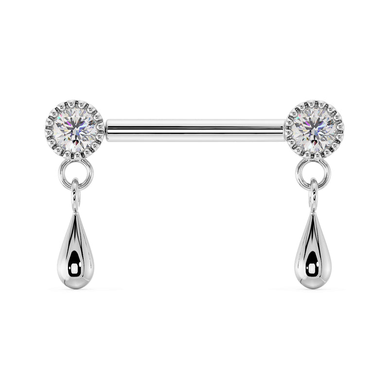 14k white gold dew drop nipple barbell with CZ milgrain end settings and polished teardrop dangles