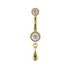 14K yellow gold dew drop belly ring with CZ milgrain settings and dangling teardrop charm, front view