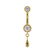 14K yellow gold dew drop belly ring with CZ milgrain settings and dangling teardrop charm, front view