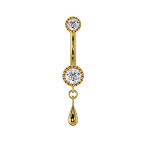 14K yellow gold dew drop belly ring with CZ milgrain settings and dangling teardrop charm, front view