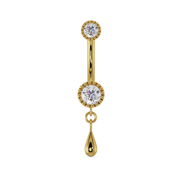14K yellow gold dew drop belly ring with CZ milgrain settings and dangling teardrop charm, front view