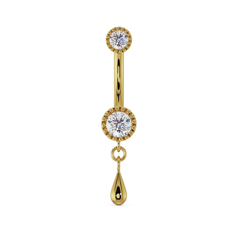 14K yellow gold dew drop belly ring with CZ milgrain settings and dangling teardrop charm, front view