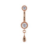 14K rose gold dew drop belly ring with CZ milgrain-edged settings and dangling teardrop charm, front view