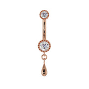 14K rose gold dew drop belly ring with CZ milgrain-edged settings and dangling teardrop charm, front view