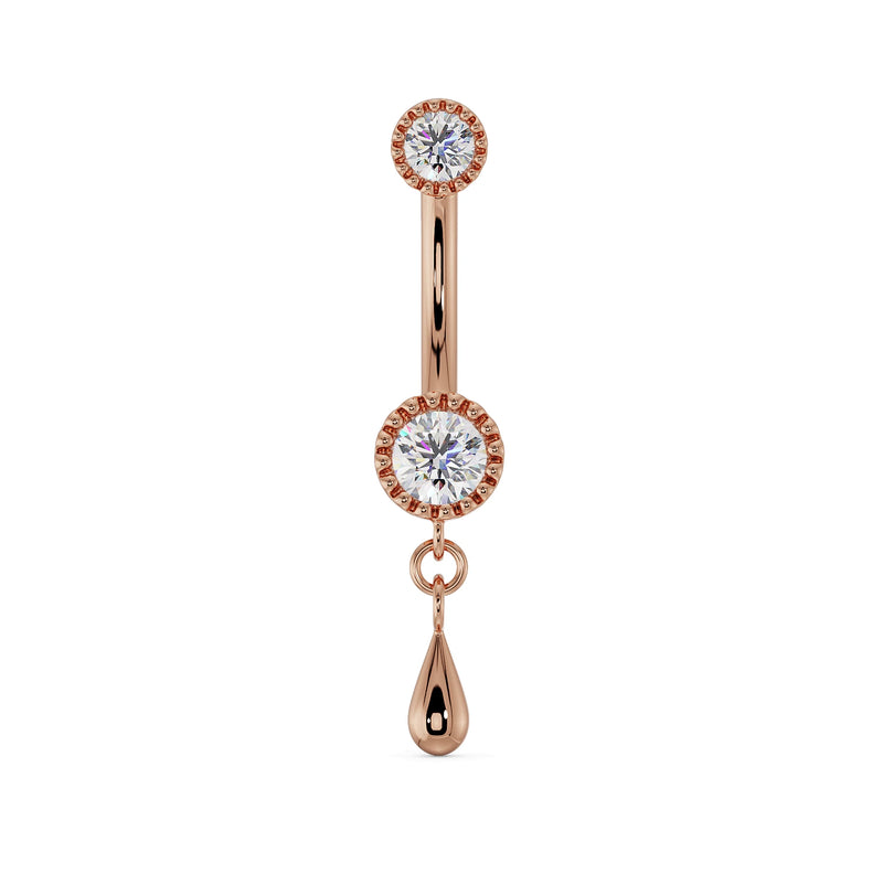 14K rose gold dew drop belly ring with CZ milgrain-edged settings and dangling teardrop charm, front view