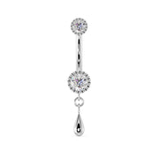 14K white gold dew drop belly ring with round CZ milgrain settings and polished teardrop charm, front view