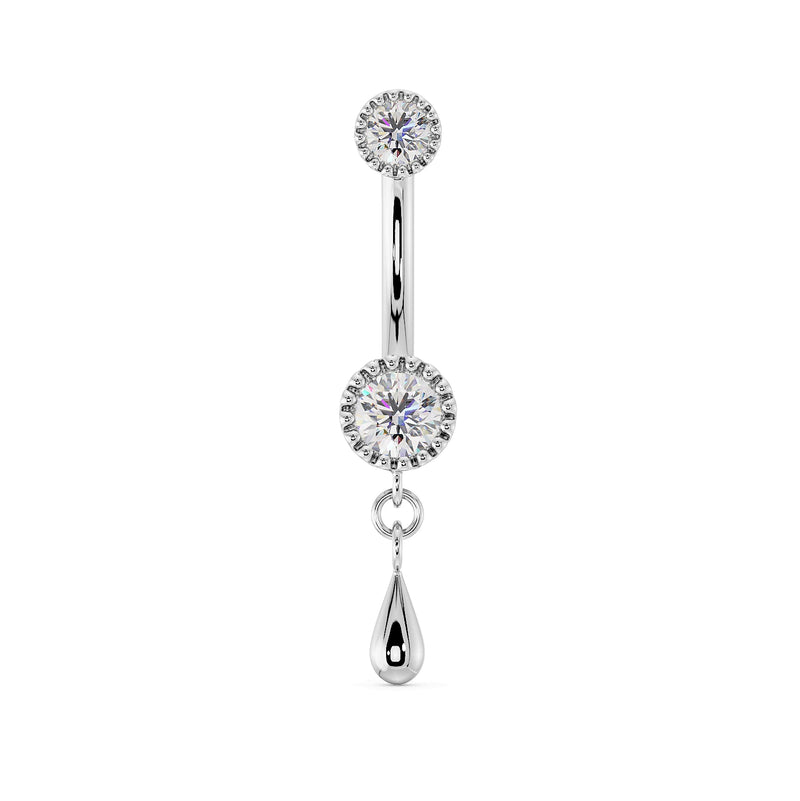 14K white gold dew drop belly ring with round CZ milgrain settings and polished teardrop charm, front view