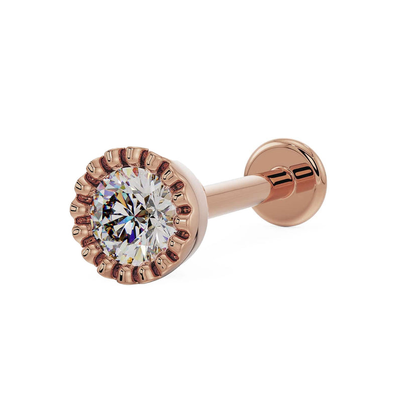14k rose gold 3mm diamond perlage flat back labret stud, angled view showing beaded bezel setting
