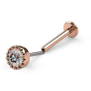 14k rose gold 3mm diamond perlage flat back labret stud, side profile showing full post and flat disc