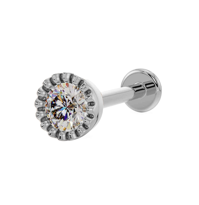 14k white gold 3mm diamond perlage flat back labret stud, angled front view showing milgrain bezel