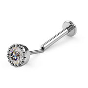 14k white gold 3mm diamond perlage flat back labret stud, angled view showing beaded bezel and post