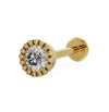 14k yellow gold 3mm diamond perlage flat back labret stud, angled view showing beaded bezel setting