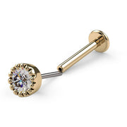 14k yellow gold 3mm diamond perlage flat back labret stud, side profile showing full post and flat disc