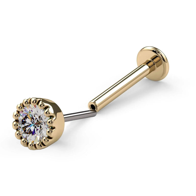 14k yellow gold 3mm diamond perlage flat back labret stud, side profile showing full post and flat disc