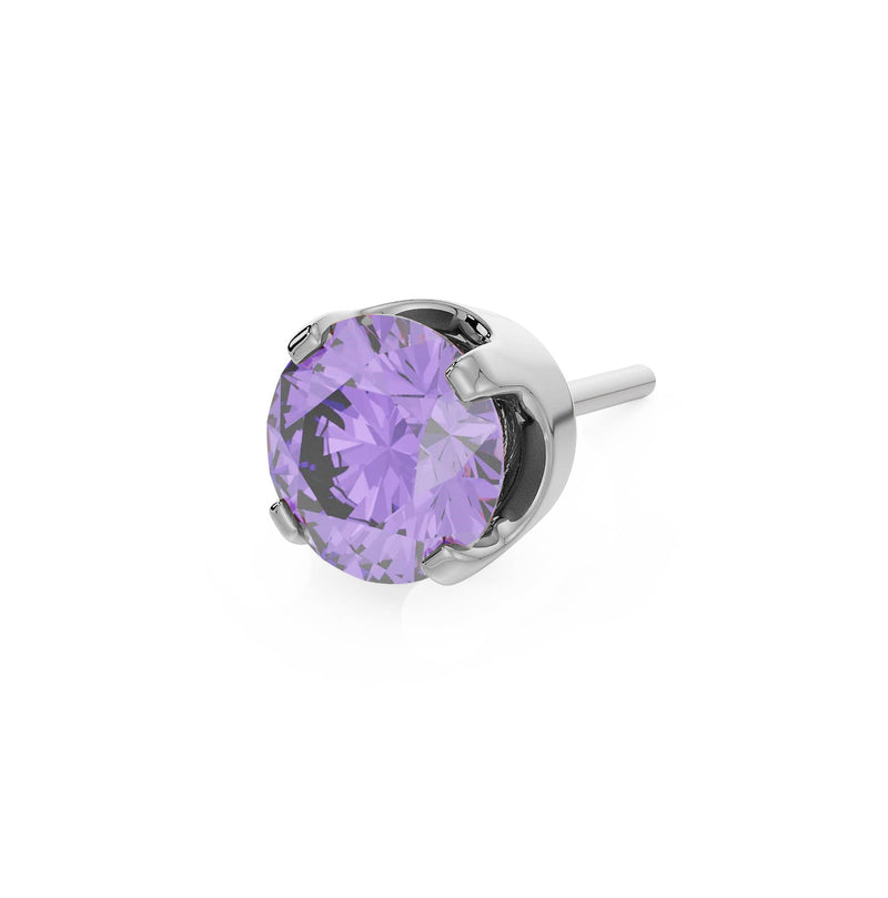 14k white gold 3mm amethyst solitaire threadless stud end with light purple faceted stone in prong setting