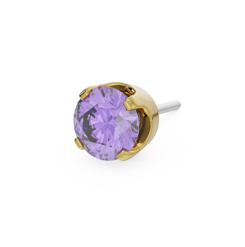 14k yellow gold 3mm amethyst solitaire threadless stud end with bright violet faceted stone in prong setting