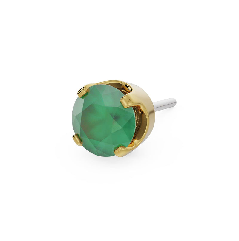 14k yellow gold 3mm emerald solitaire threadless stud end, angled view showing prong setting and pin post
