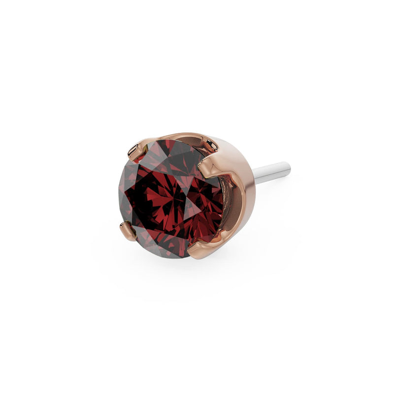 14k rose gold 3mm garnet solitaire threadless stud end with deep burgundy-red faceted stone