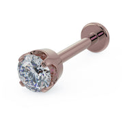 3mm diamond 14k rose gold flat back labret stud with high-set basket prong setting, angled view