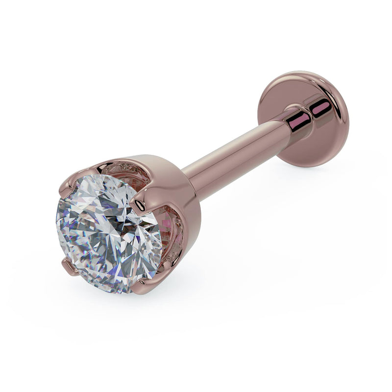 3mm diamond 14k rose gold flat back labret stud with high-set basket prong setting, angled view
