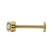 Side profile of 14k yellow gold 3mm CZ flat back labret showing post length and flat disc backing