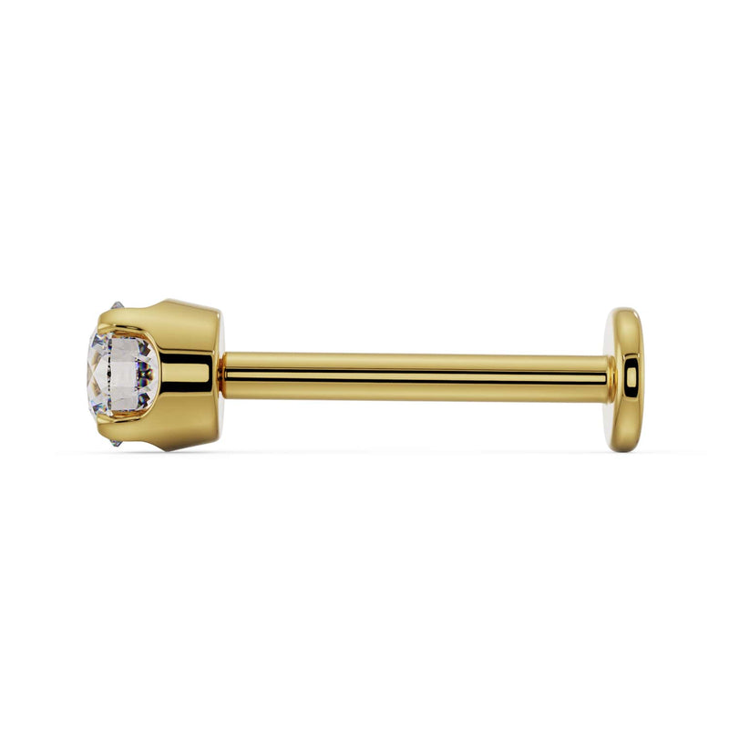 Side profile of 14k yellow gold 3mm CZ flat back labret showing post length and flat disc backing