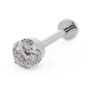 3mm diamond 14k white gold flat back labret stud with high-set prong basket setting, angled view