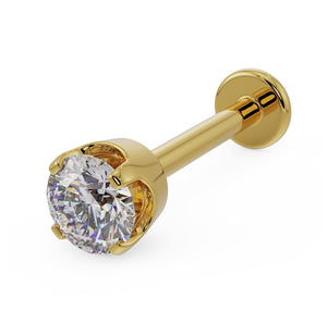 3mm diamond 14k yellow gold flat back labret stud with high-set basket prong setting, angled view