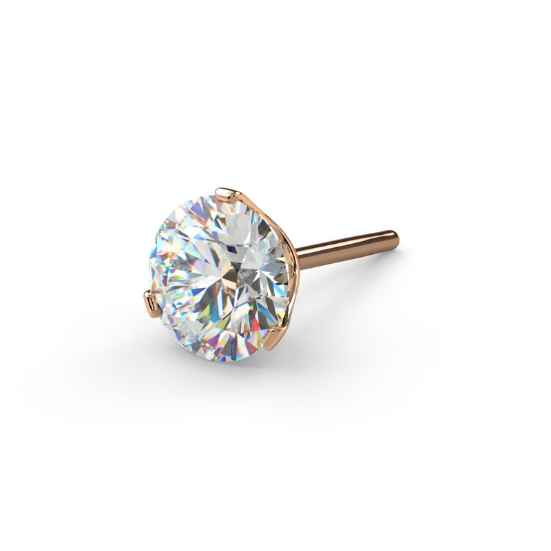 14k rose gold Lumina 3-prong VS1 diamond stud end, 3mm size, large diamond render in warm rose gold setting