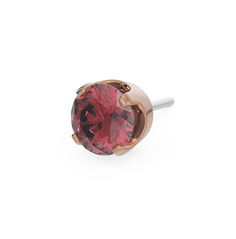 14k rose gold 3mm rhodolite solitaire threadless stud end with vibrant raspberry-red faceted stone