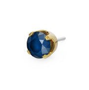 14k yellow gold 3mm blue sapphire solitaire threadless stud end, angled view showing faceted stone and prong setting